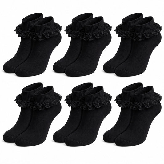 Sock Stack 6 Pairs Black Girls Tutu Frilly Ankle Socks With Lace And Bow Super Soft Wedding Christening Socks For Dress Up And Everyday Wear 1-2 YRS / BLACK Socks