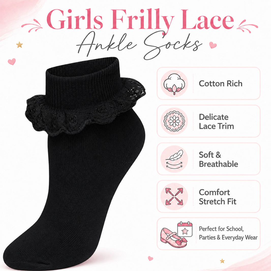 Sock Stack 6 Pairs Black Girls Tutu Frilly Ankle Socks With Lace And Bow Super Soft Wedding Christening Socks For Dress Up And Everyday Wear Socks
