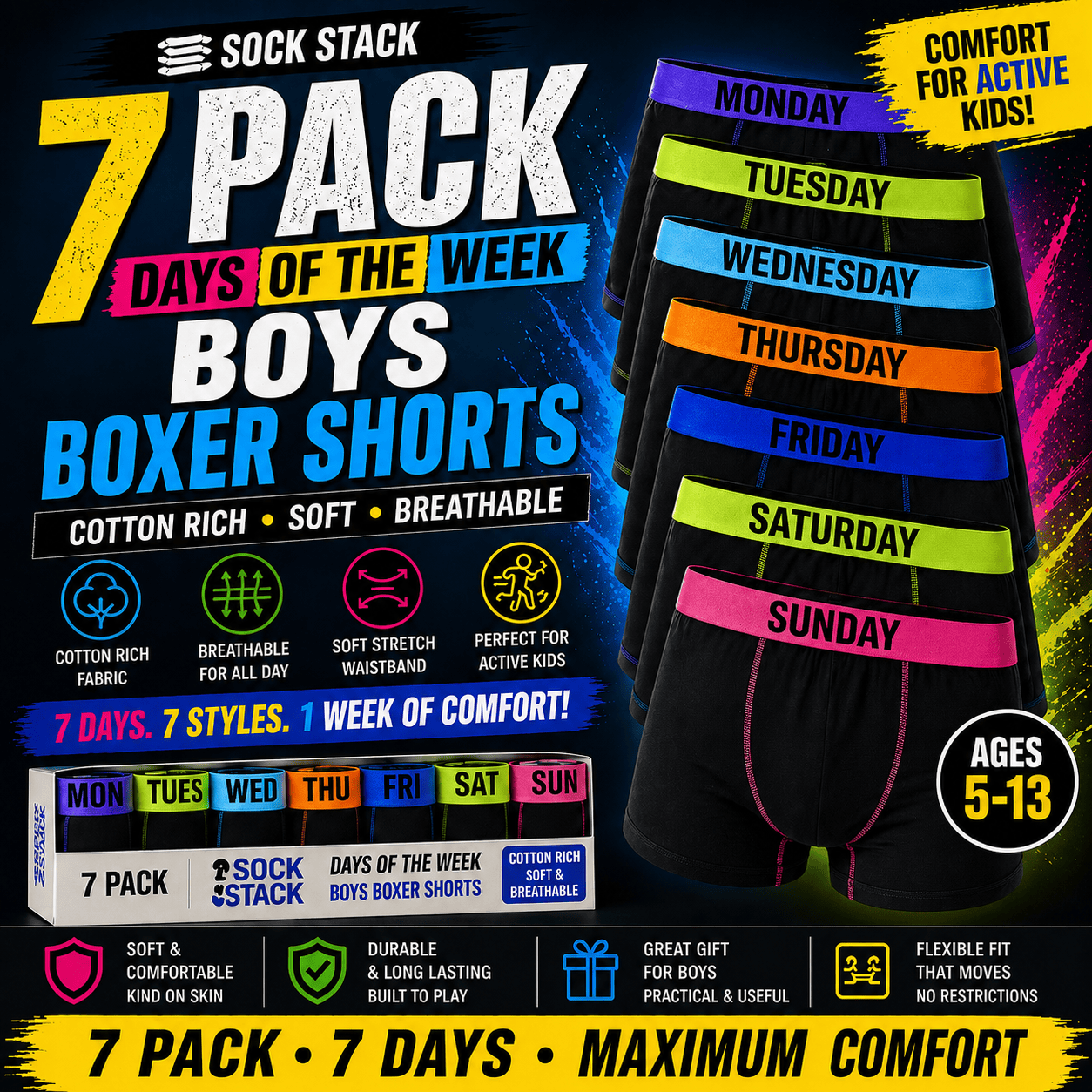 Sock Stack 7 Pack Boys Cotton Rich Boxer Shorts Trunks Ages 5-13 Assorted Colours Soft Stretch Waistband Breathable For Active Kids Boxer Shorts