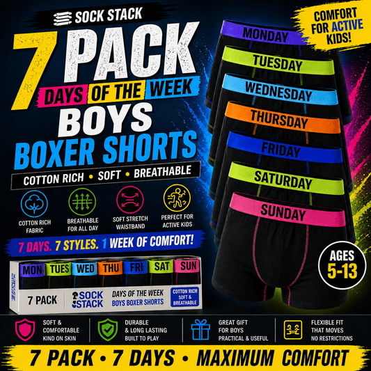 Sock Stack 7 Pack Boys Cotton Rich Boxer Shorts Trunks Ages 5-13 Assorted Colours Soft Stretch Waistband Breathable For Active Kids Boxer Shorts