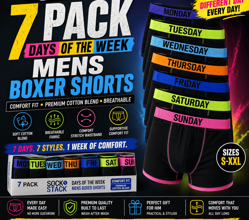 Sock Stack 7 Pack Days Of The Week Mens Boxer Shorts Comfort Fit ...