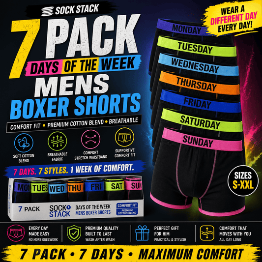 Sock Stack 7 Pack Days Of The Week Mens Boxer Shorts Comfort Fit Premium Cotton Blend Breathable Assorted Waistband Colors Sizes S To XXL Boxer Shorts
