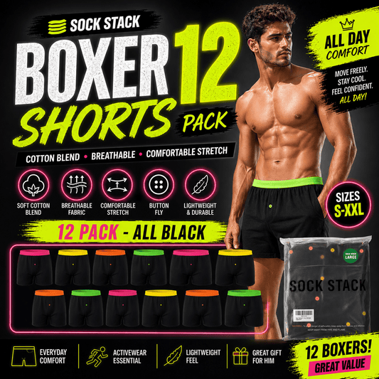 Sock Stack Boxer Shorts 12 Pack Black Cotton Blend Breathable Comfortable Stretch Button Fly MB08 Durable Lightweight Activewear Underwear Boxer Shorts