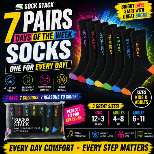 Sock Stack Days Of The Week Socks 7 Pack Cotton Rich Black With Multi Color Heel And Toe Unisex For Kids And Adults Everyday Wear Socks