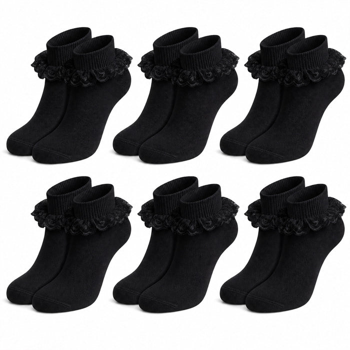 Sock Stack Girls Cotton Rich Frilly Ankle Socks 6 Pairs Durable Breathable Sculpted Heels Toes Multiple Sizes Colors School Wear BLACK / 6-8 Socks