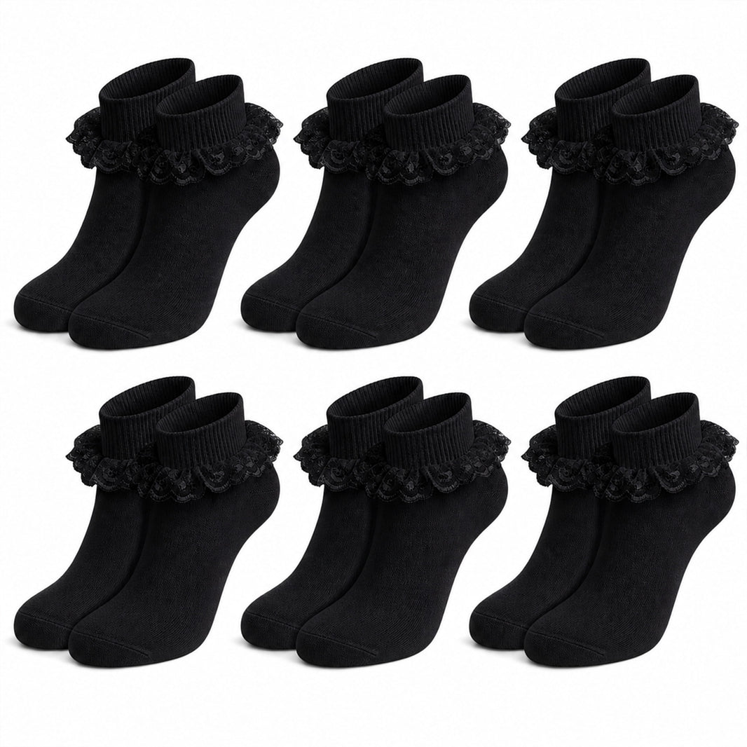 Sock Stack Girls Cotton Rich Frilly Ankle Socks 6 Pairs Durable Breathable Sculpted Heels Toes Multiple Sizes Colors School Wear BLACK / 6-8 Socks