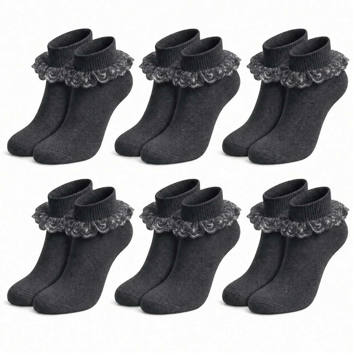 Sock Stack Girls Cotton Rich Frilly Ankle Socks 6 Pairs Durable Breathable Sculpted Heels Toes Multiple Sizes Colors School Wear GREY / 6-8 Socks
