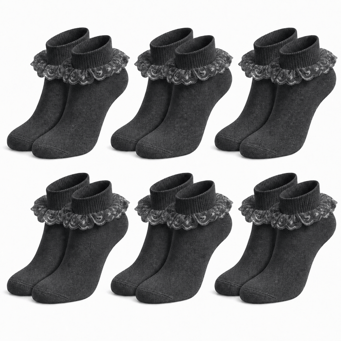Sock Stack Girls Cotton Rich Frilly Ankle Socks 6 Pairs Durable Breathable Sculpted Heels Toes Multiple Sizes Colors School Wear GREY / 6-8 Socks