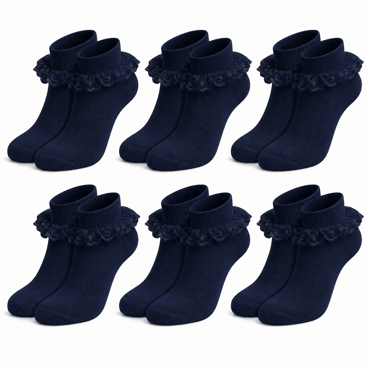 Sock Stack Girls Cotton Rich Frilly Ankle Socks 6 Pairs Durable Breathable Sculpted Heels Toes Multiple Sizes Colors School Wear NAVY / 6-8 Socks