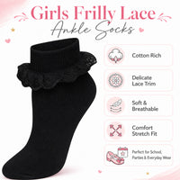Sock Stack Girls Cotton Rich Frilly Ankle Socks 6 Pairs Durable Breathable Sculpted Heels Toes Multiple Sizes Colors School Wear Socks