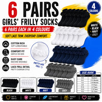 Sock Stack Girls Cotton Rich Frilly Ankle Socks 6 Pairs Durable Breathable Sculpted Heels Toes Multiple Sizes Colors School Wear Socks