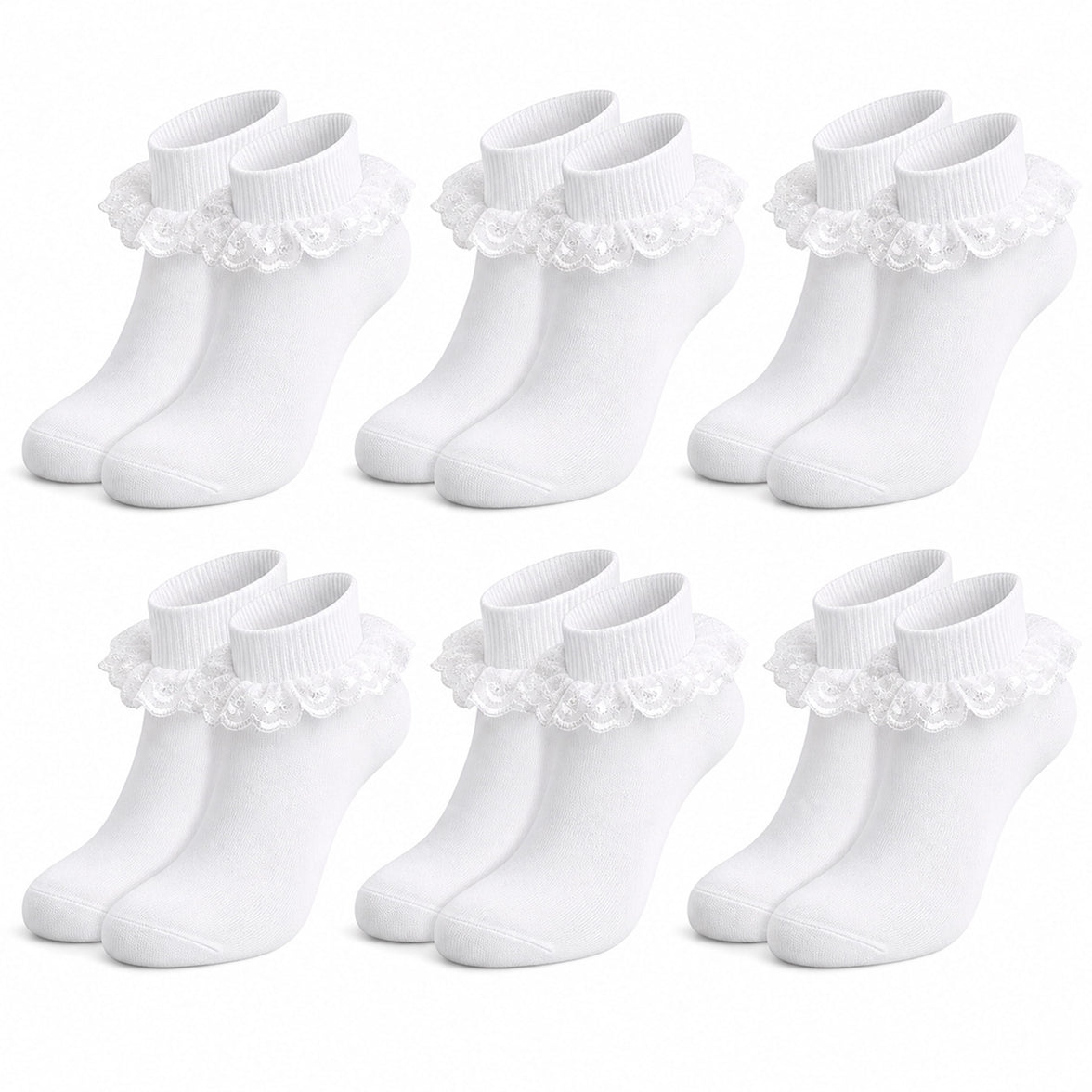 Sock Stack Girls Cotton Rich Frilly Ankle Socks 6 Pairs Durable Breathable Sculpted Heels Toes Multiple Sizes Colors School Wear WHITE / 0-2 Socks