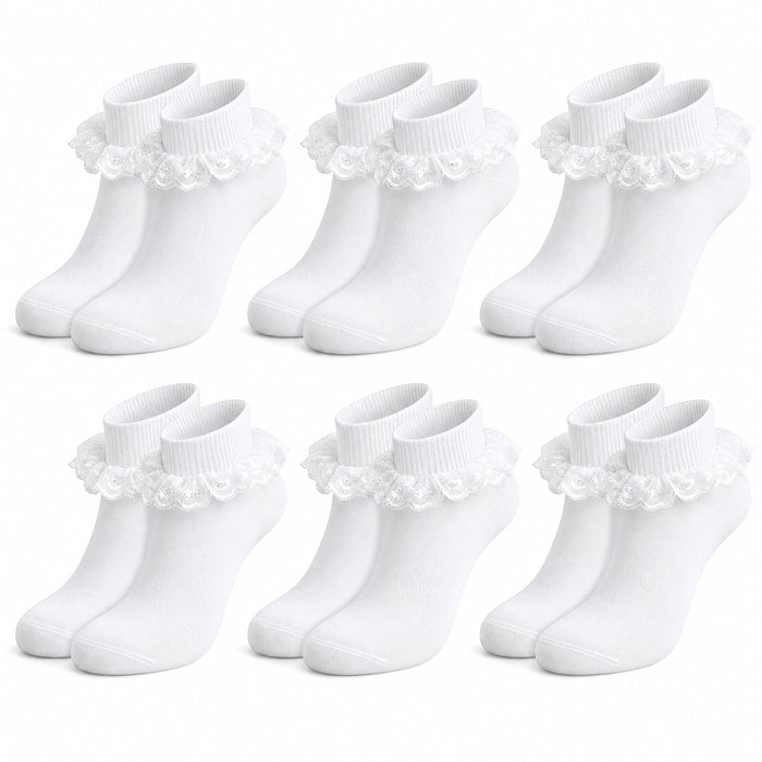 Sock Stack Girls Cotton Rich Frilly Ankle Socks 6 Pairs Durable Breathable Sculpted Heels Toes Multiple Sizes Colors School Wear WHITE / 0-2 Socks