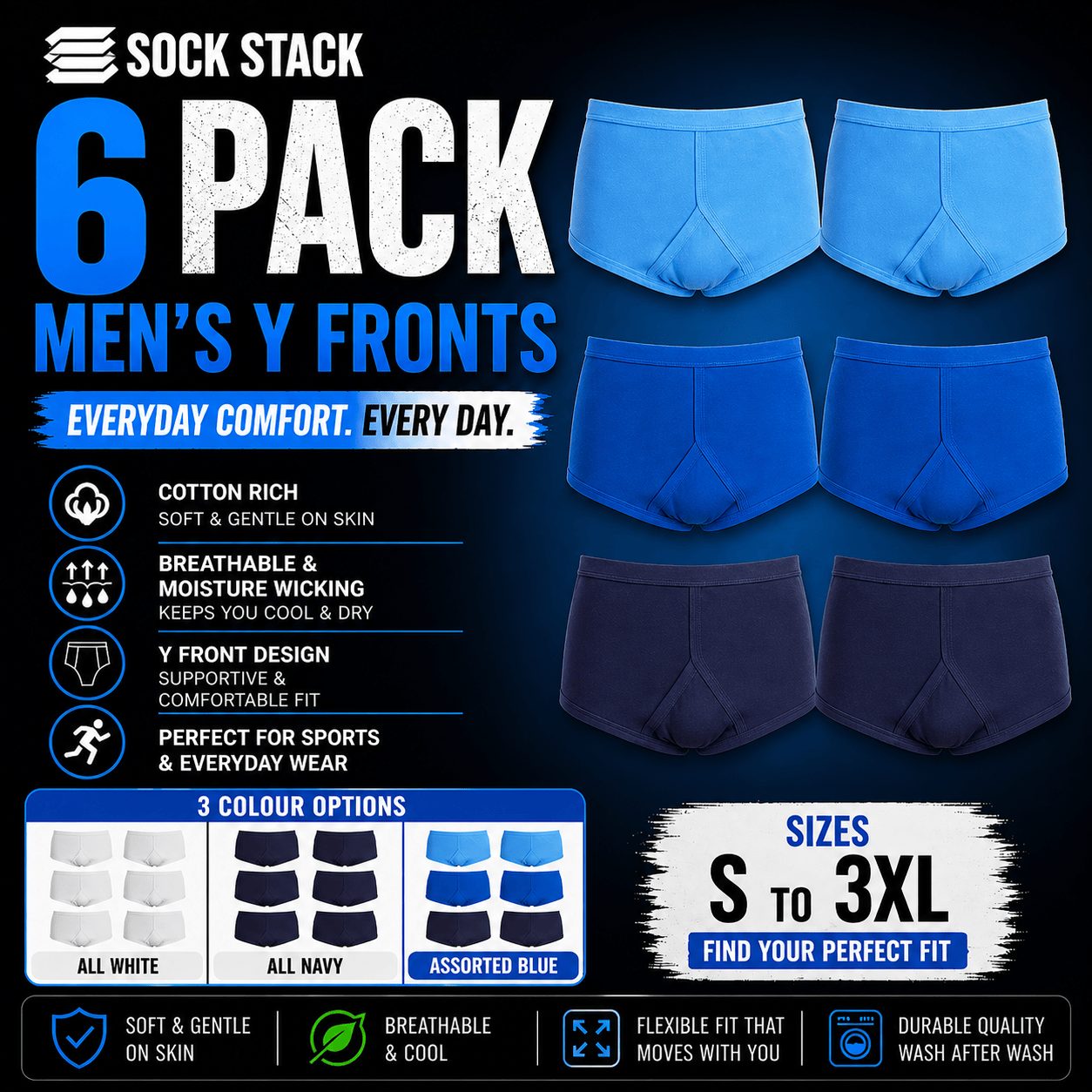 Sock Stack Men's 6 Pack Cotton Y-Front Briefs White 100% Cotton Soft Stretch Waistband Hypoallergenic Durable Underwear Everyday Comfort Underwear