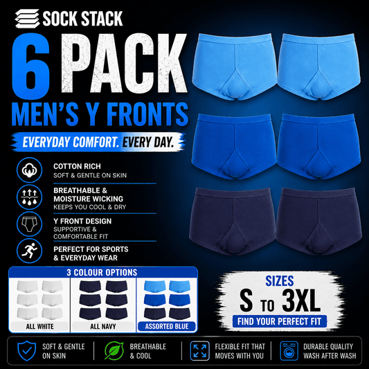 Sock Stack Men's 6 Pack Cotton Y-Front Briefs White 100% Cotton Soft Stretch Waistband Hypoallergenic Durable Underwear Everyday Comfort Underwear