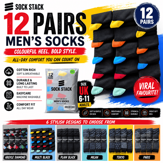 Sock Stack Men's Colourful Heel Toe Black Argyle Diamond Socks Cotton Rich Comfort Fit Durable Work Sock 12 Pairs UK 6-11 Smooth Flat Toe Seam Socks