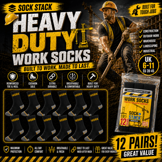 Sock Stack Men's Heavy Duty Work Socks 12 Pairs Cushion Sole Reinforced Toe Heel Black For Construction Outdoors UK 6 To 11 EU 39 To 45 Socks