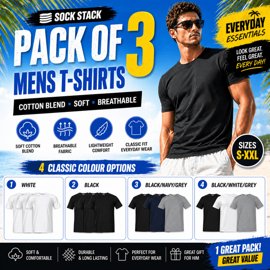 Sock Stack Men's Plain T-Shirts Pack Of 3 Short Sleeve Soft Breathable Cotton Blend Classic Colors For Everyday Casual Wear T-Shirts