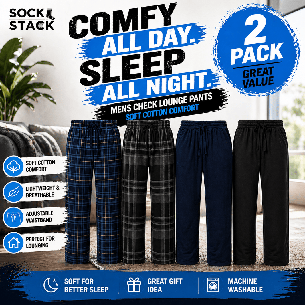 Sock Stack Mens Check Lounge Pants Soft Cotton Pyjama Bottoms Comfy Sleepwear Trousers UK Lounge Pant