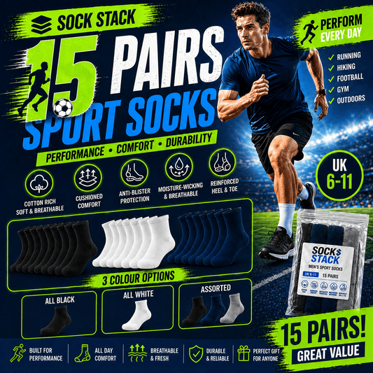 Sock Stack Mens Cotton Rich Performance Sport Socks 15 Pairs UK 6 To 11 Black Grey White Cushioned Anti Blister Moisture Wicking Breathable Socks