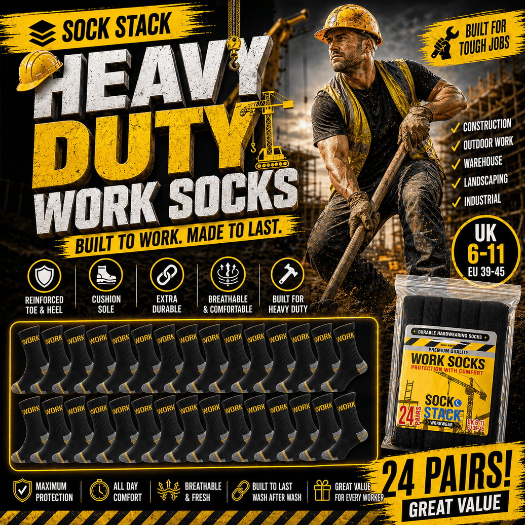 Sock Stack Mens Heavy Duty Work Socks 24 Pairs Cushion Sole Reinforced Toe And Heel Black Boot Socks EU 39-45 UK 6-11 For Construction And Outdoor Use Socks