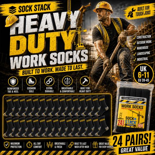 Sock Stack Mens Heavy Duty Work Socks 24 Pairs Cushion Sole Reinforced Toe And Heel Black Boot Socks EU 39-45 UK 6-11 For Construction And Outdoor Use Socks