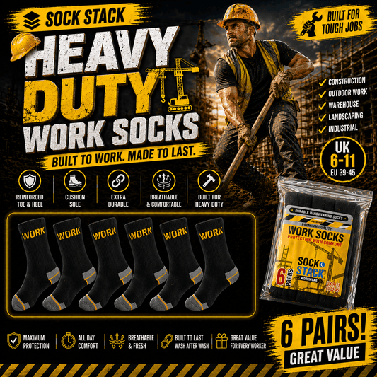 Sock Stack Mens Heavy Duty Work Socks 6 Pairs Cushion Sole Reinforced Toe And Heel Black Boot Socks For Construction Outdoor Walking UK 6-11 EUR 39-45 Socks