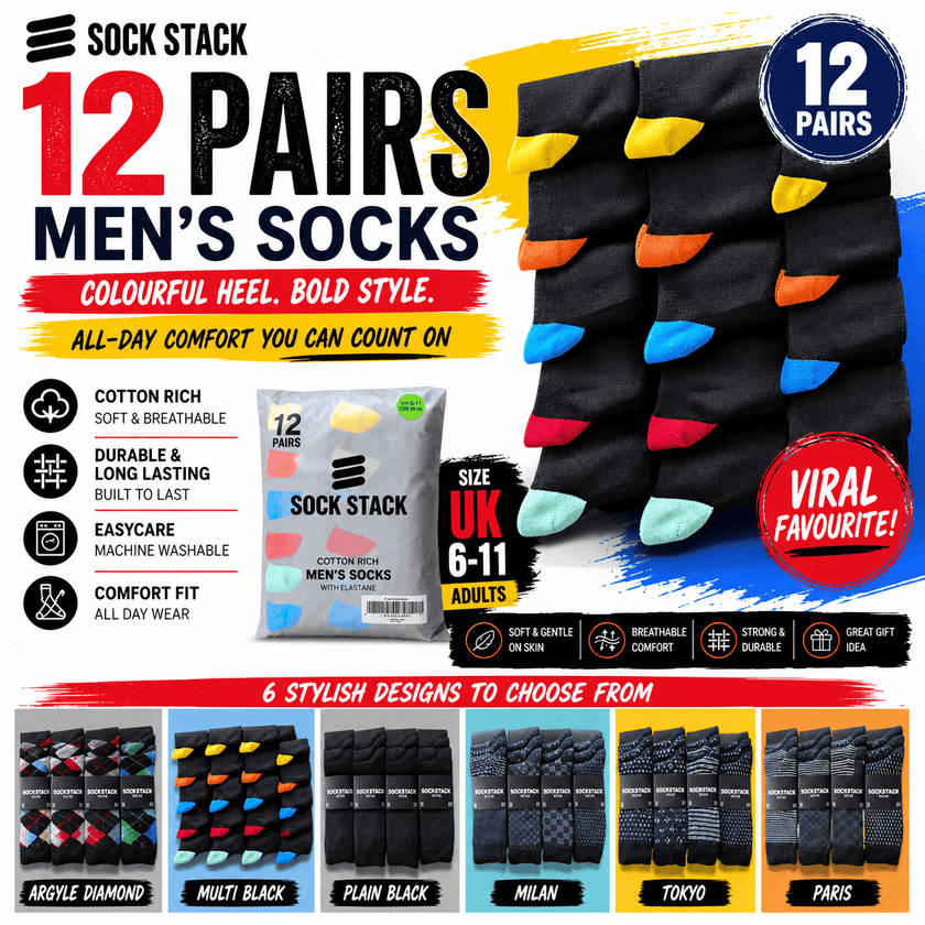 Sock Stack Mens Socks 12 Pairs Cotton Colorful Heel Toe Black Argyle ...