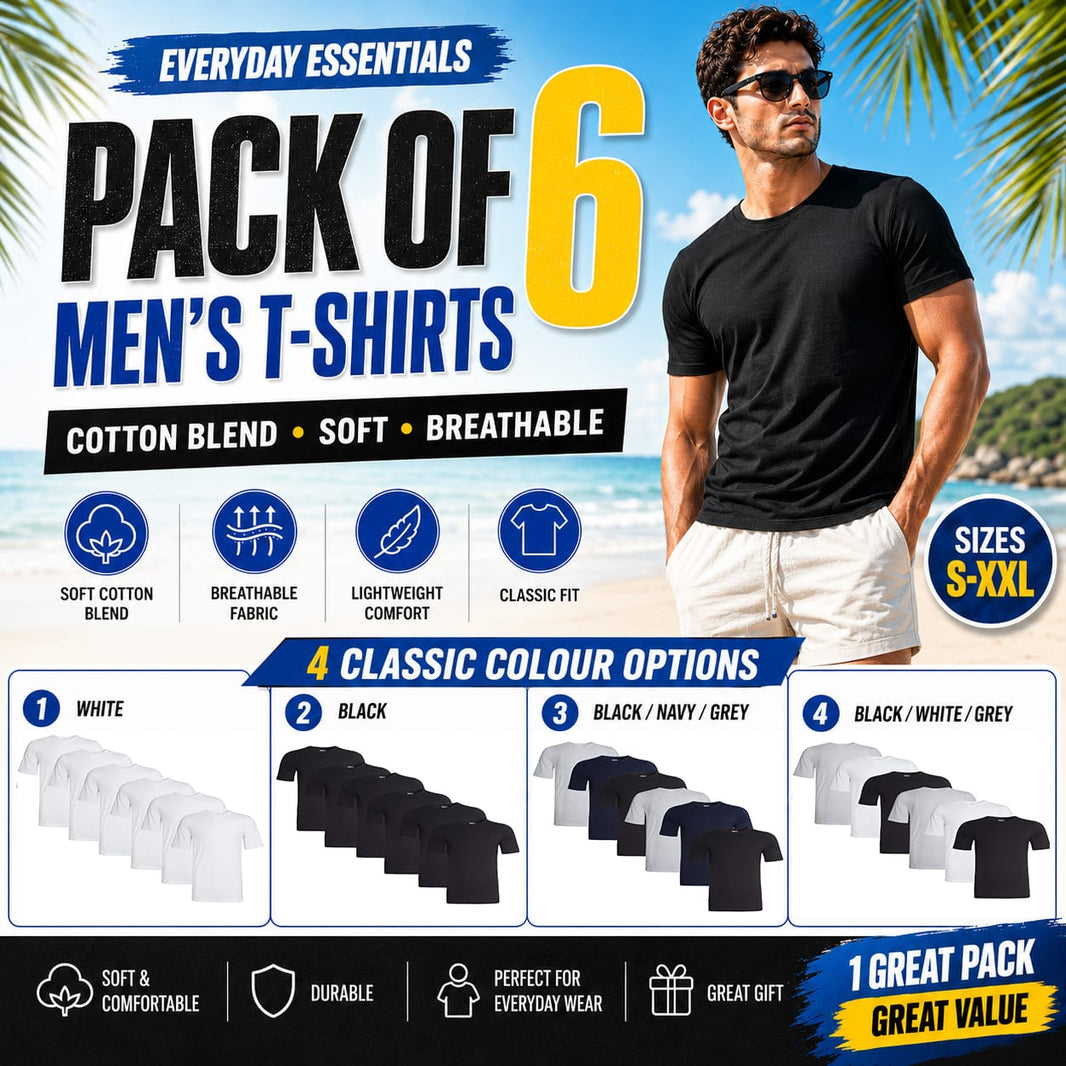 Sock Stack Mens T Shirt Pack of 6 Crew Neck T-Shirts for Men Multipack Super Soft Short Sleeve Slim Fit for Everyday Wear T-Shirts