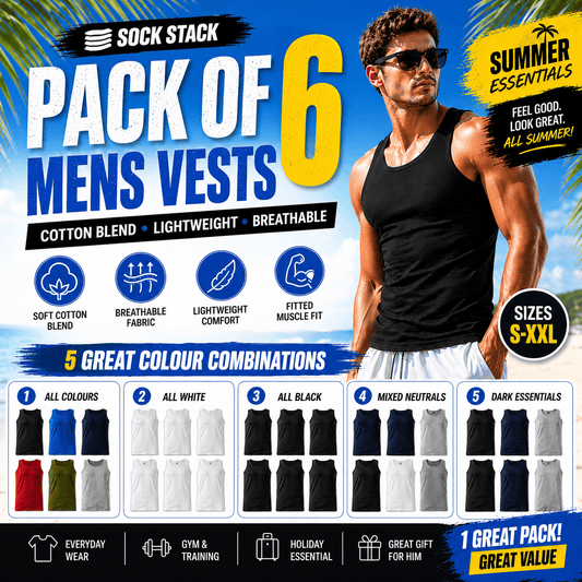 Sock Stack Pack Of 6 Mens Cotton Blend Gym Muscle Vests Fitted Lightweight Breathable Summer Tops, Sizes S To XXL, Black Grey Navy White Vests