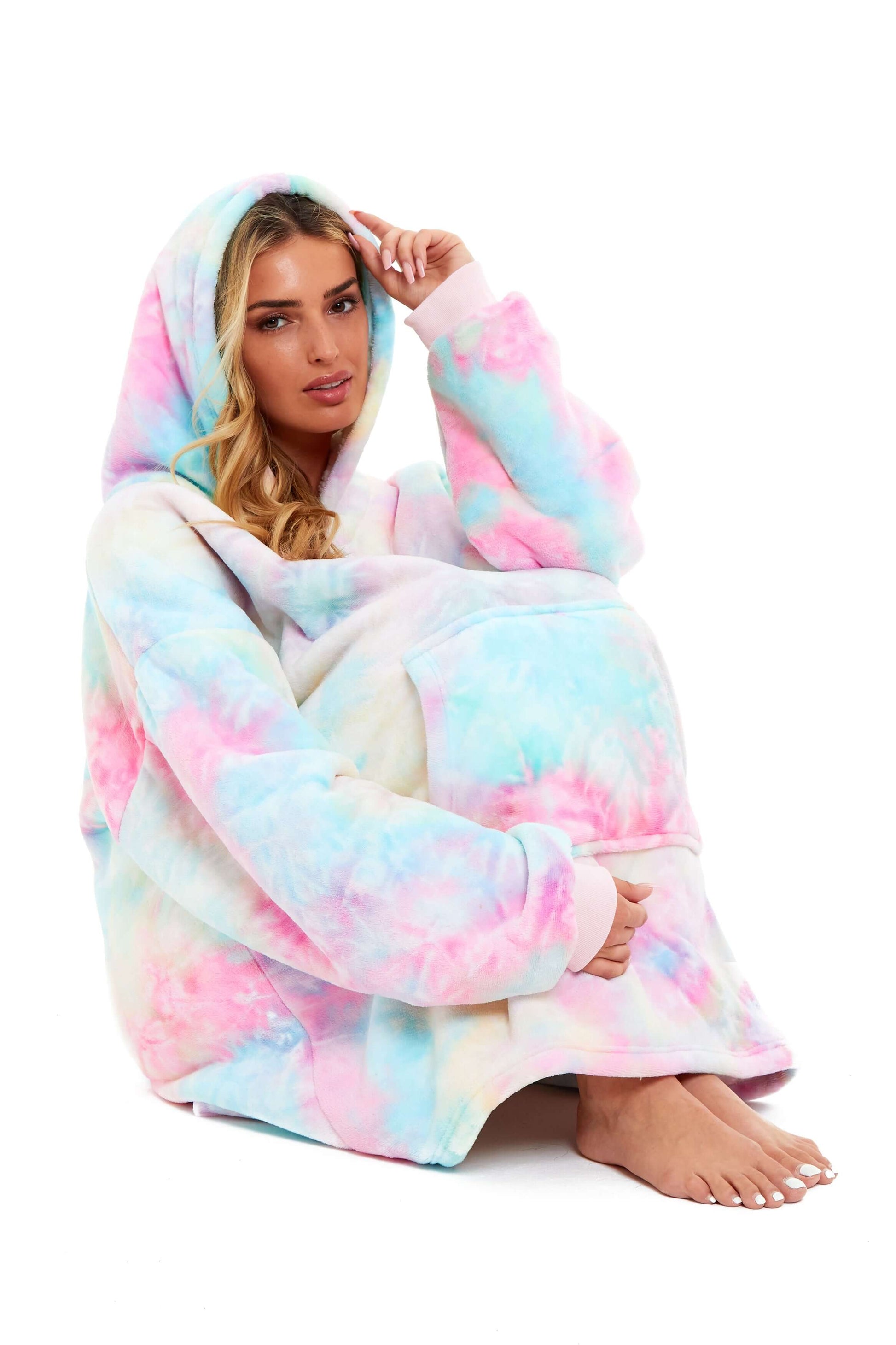Tie Dye Rainbow Oversized Hooded Plush Fleece Wearable Blanket with Sherpa, Elastic Cuffs, and Double Pocket for Adults and Kids by Daisy Dreamer Hooded Blanket