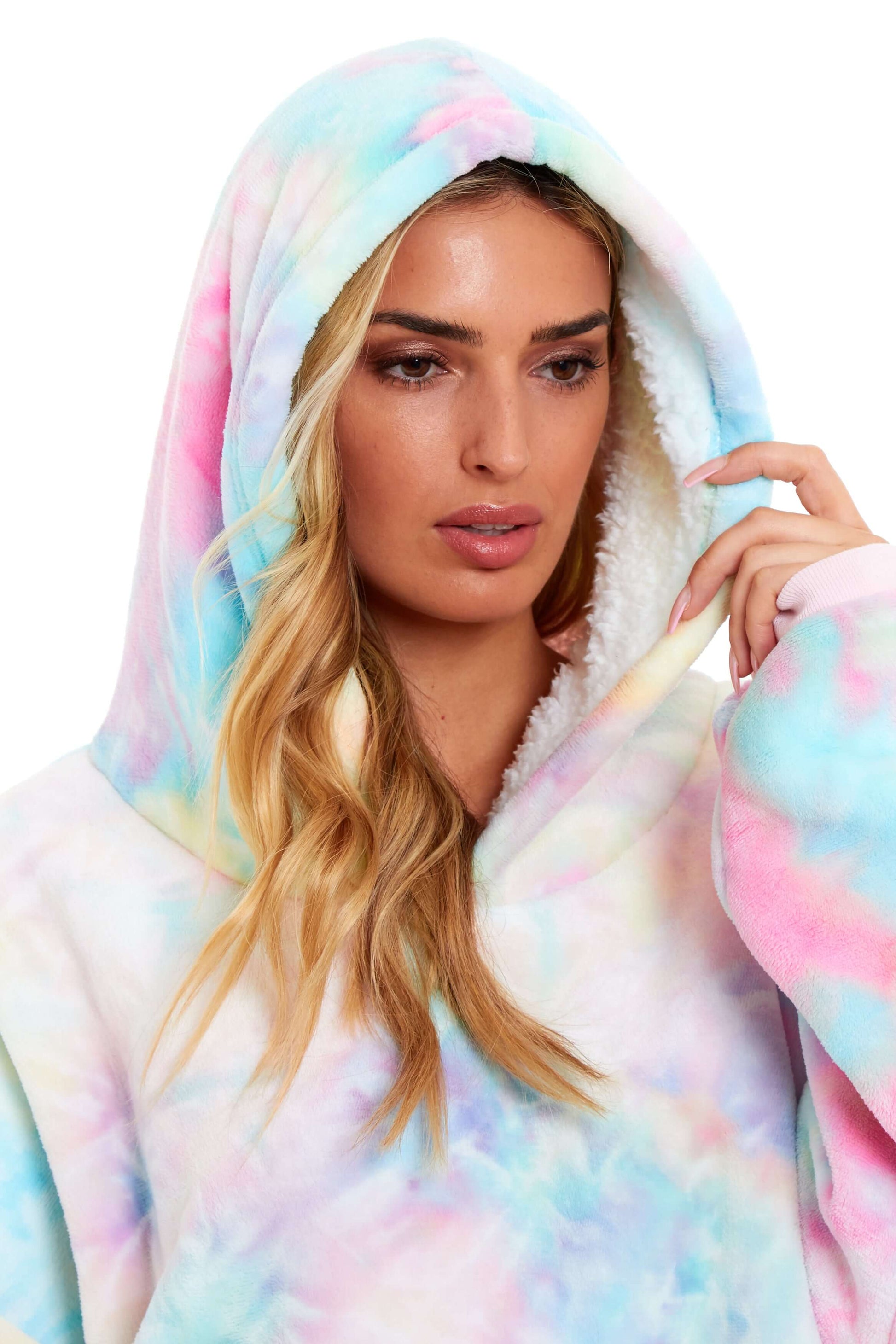 Tie Dye Rainbow Oversized Hooded Plush Fleece Wearable Blanket with Sherpa, Elastic Cuffs, and Double Pocket for Adults and Kids by Daisy Dreamer Hooded Blanket