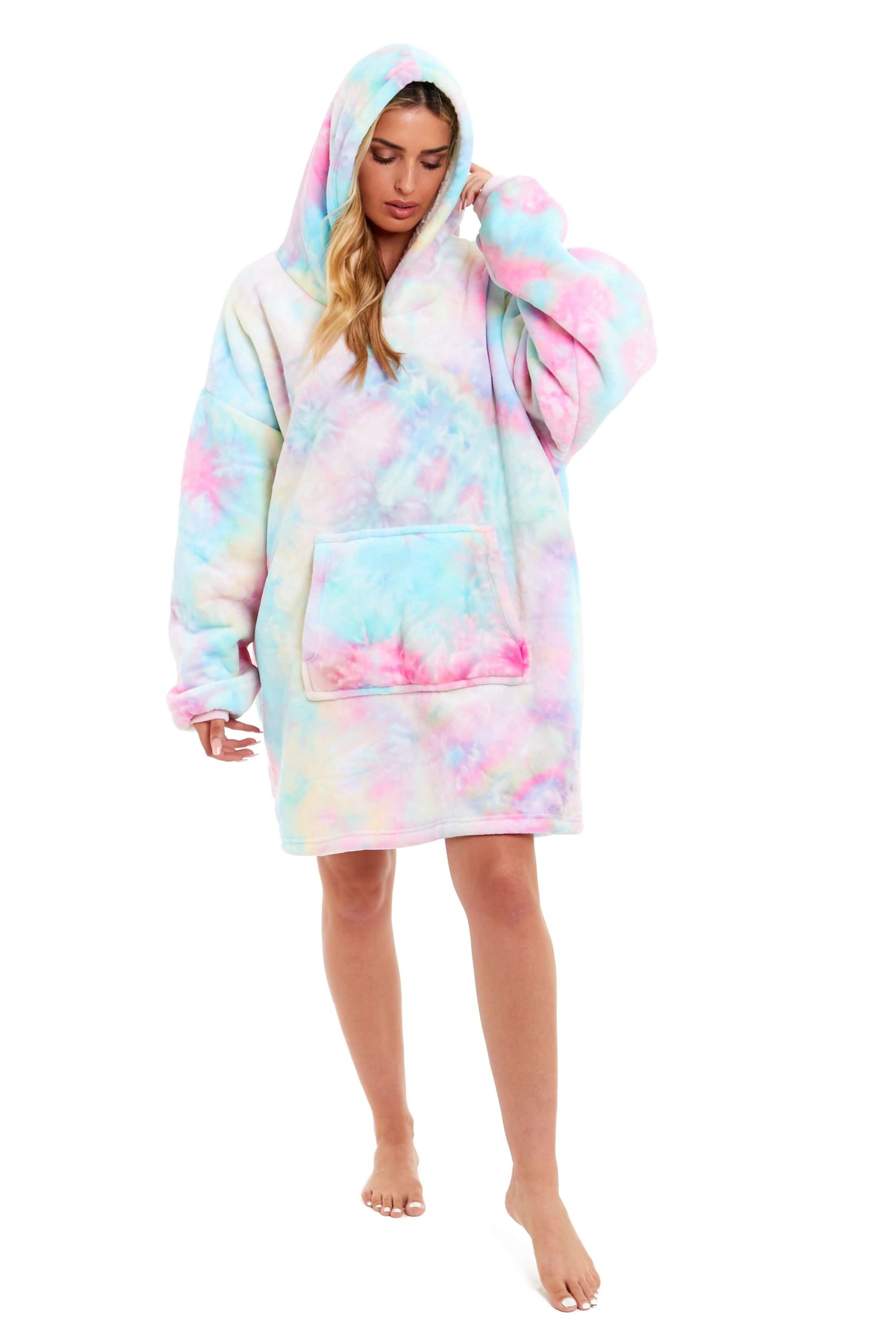 Tie Dye Rainbow Oversized Hooded Plush Fleece Wearable Blanket with Sherpa, Elastic Cuffs, and Double Pocket for Adults and Kids by Daisy Dreamer Hooded Blanket