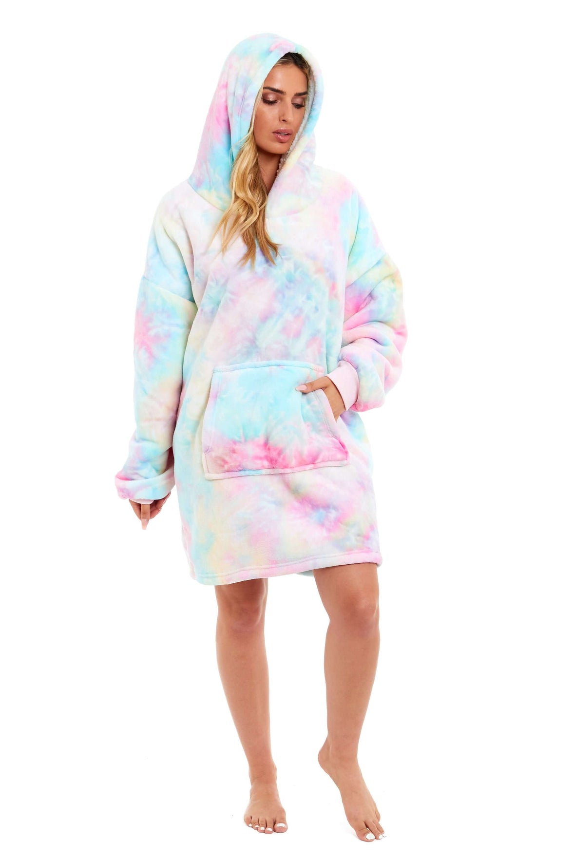 Tie Dye Rainbow Oversized Hooded Plush Fleece Wearable Blanket with Sherpa, Elastic Cuffs, and Double Pocket for Adults and Kids by Daisy Dreamer Hooded Blanket