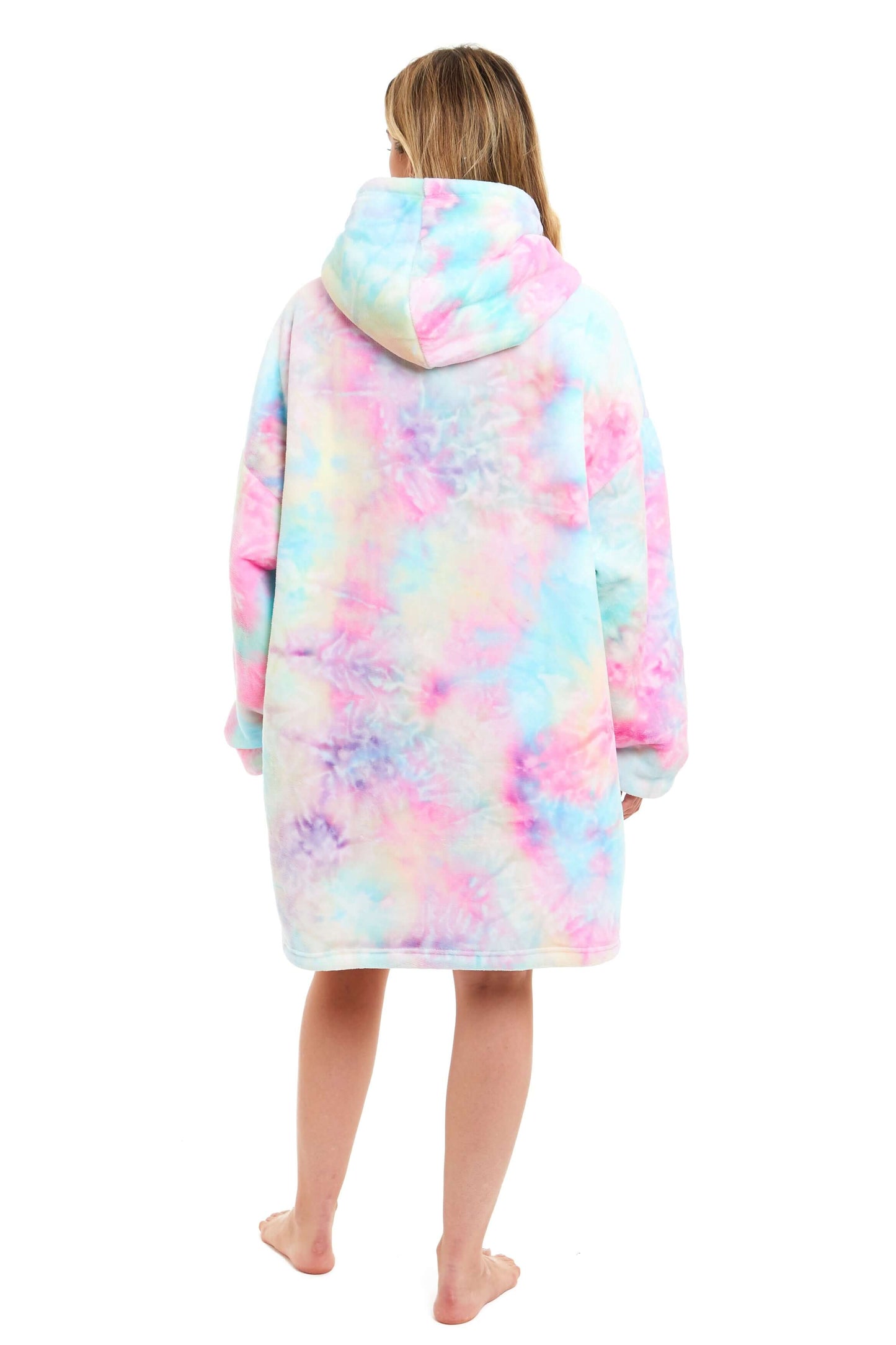 Tie Dye Rainbow Oversized Hooded Plush Fleece Wearable Blanket with Sherpa, Elastic Cuffs, and Double Pocket for Adults and Kids by Daisy Dreamer Hooded Blanket