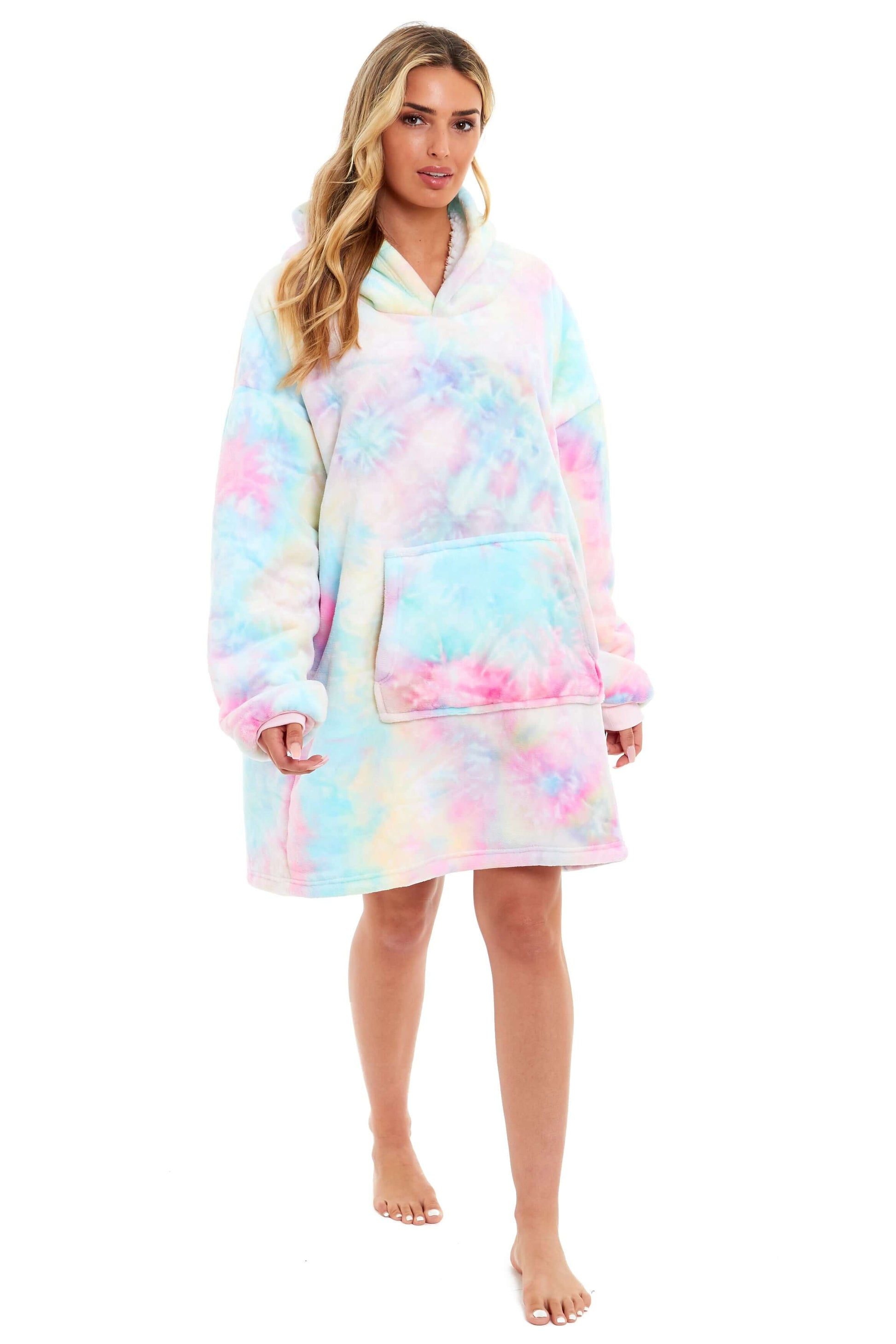 Tie Dye Rainbow Oversized Hooded Plush Fleece Wearable Blanket with Sherpa, Elastic Cuffs, and Double Pocket for Adults and Kids by Daisy Dreamer Hooded Blanket