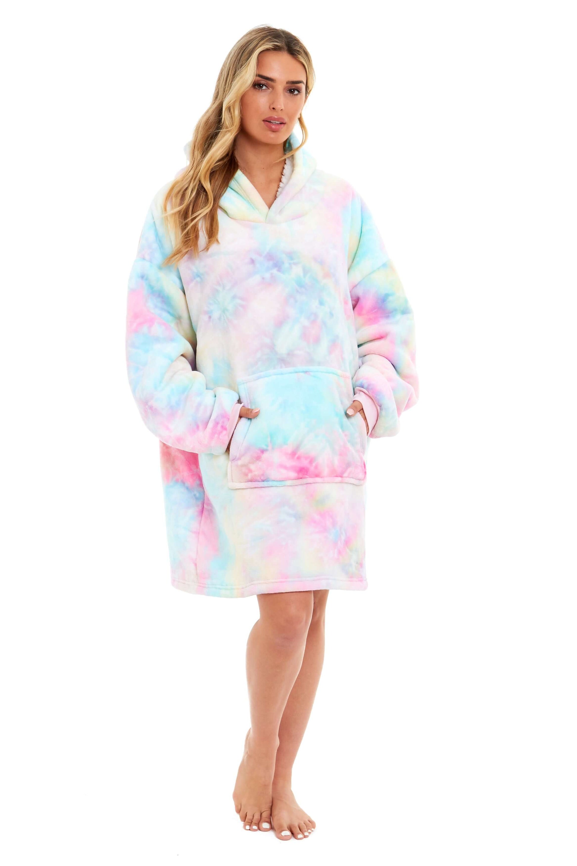 Tie Dye Rainbow Oversized Hooded Plush Fleece Wearable Blanket with Sherpa, Elastic Cuffs, and Double Pocket for Adults and Kids by Daisy Dreamer Hooded Blanket