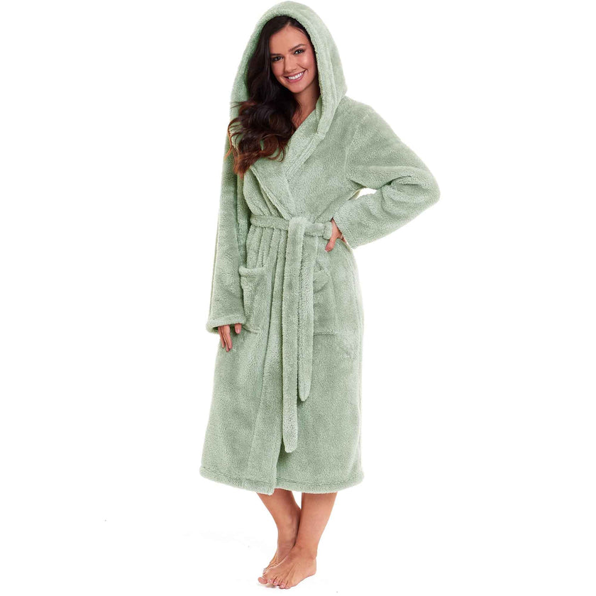 Daisy Dreamer Hooded Fleece Touch Robe Womens Sage Green Extra Long UK ...