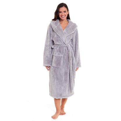 Ultra Soft Velvet Touch Women's Hooded Fleece Bathrobes Cozy Plush Snuggle Dressing Gowns for Lounging Spa Gym Hotel Multiple Sizes and Colors by Daisy Dreamer GREY SNUGGLE / 16-18 Robe