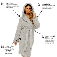 Ultra-Soft Women's Grey Hooded Teddy Fleece Bath Robe Perfect for Lounging and Post-Shower Comfort Available in Sizes Small to X Large by Daisy Dreamer Robe