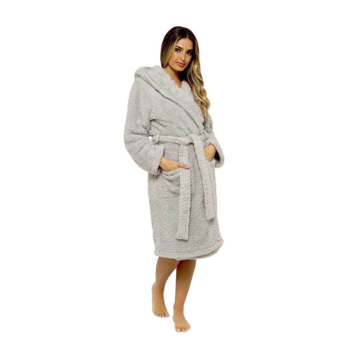 Ultra-Soft Women's Grey Hooded Teddy Fleece Bath Robe Perfect for Lounging and Post-Shower Comfort Available in Sizes Small to X Large by Daisy Dreamer Robe