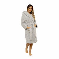Ultra-Soft Women's Grey Hooded Teddy Fleece Bath Robe Perfect for Lounging and Post-Shower Comfort Available in Sizes Small to X Large by Daisy Dreamer Robe
