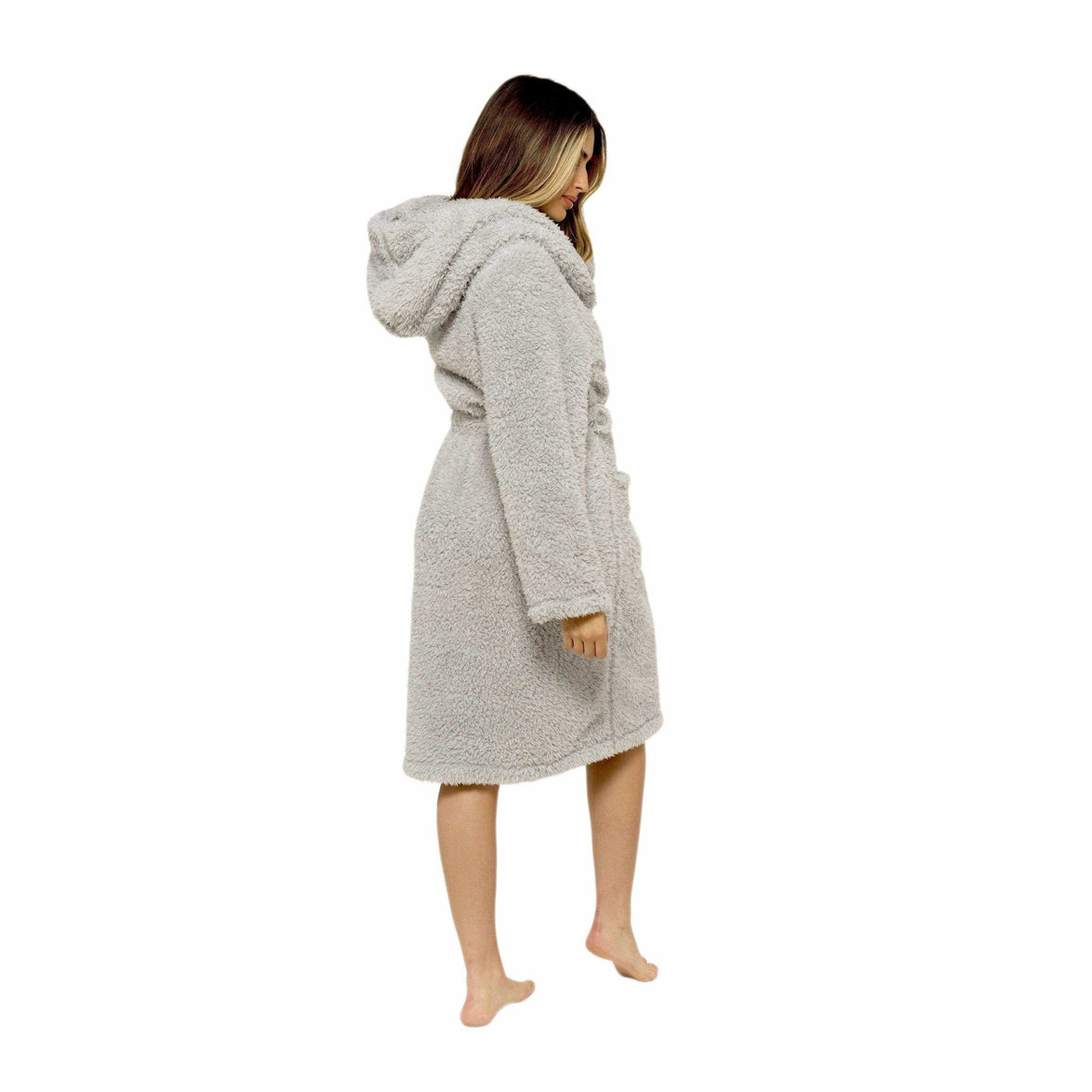 Ultra-Soft Women's Grey Hooded Teddy Fleece Bath Robe Perfect for Lounging and Post-Shower Comfort Available in Sizes Small to X Large by Daisy Dreamer Robe