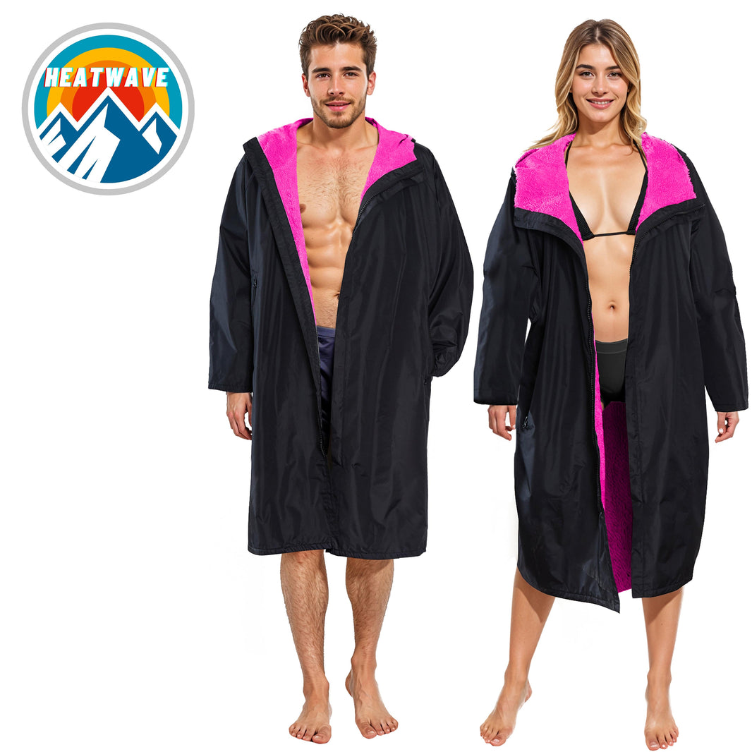 Unisex Adults Black/Pink Waterproof Windproof Changing Robe Hooded Outdoor Coat for Beach Swimming Surfing Warm Fleece Lining by Heatwave Thermalwear Changing Robe