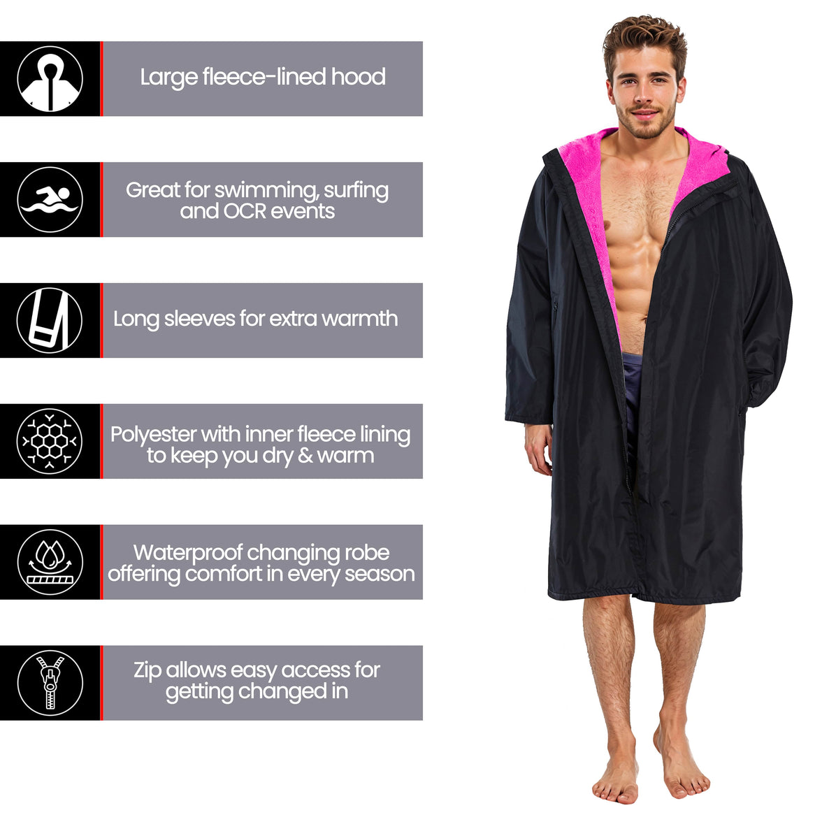 Unisex Adults Black/Pink Waterproof Windproof Changing Robe Hooded Outdoor Coat for Beach Swimming Surfing Warm Fleece Lining by Heatwave Thermalwear Changing Robe