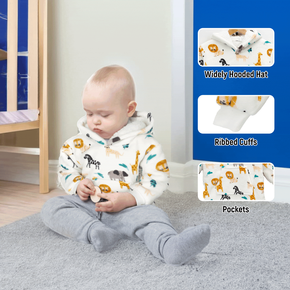 Unisex Safari and Sloth Hoodie Blanket for Infants 0-2 Years Ultra Soft Cozy Wearable Blanket with Spacious Pocket for Boys and Girls by Daisy Dreamer Hooded Blanket