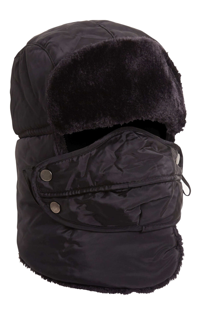 Versatile Winter Trapper Hat with Removable Face Cover Adjustable Ear Flaps Showerproof Fur Lined Ideal for Skiing Snowboarding Hiking by Heatwave Thermalwear BLACK Trapper Hat