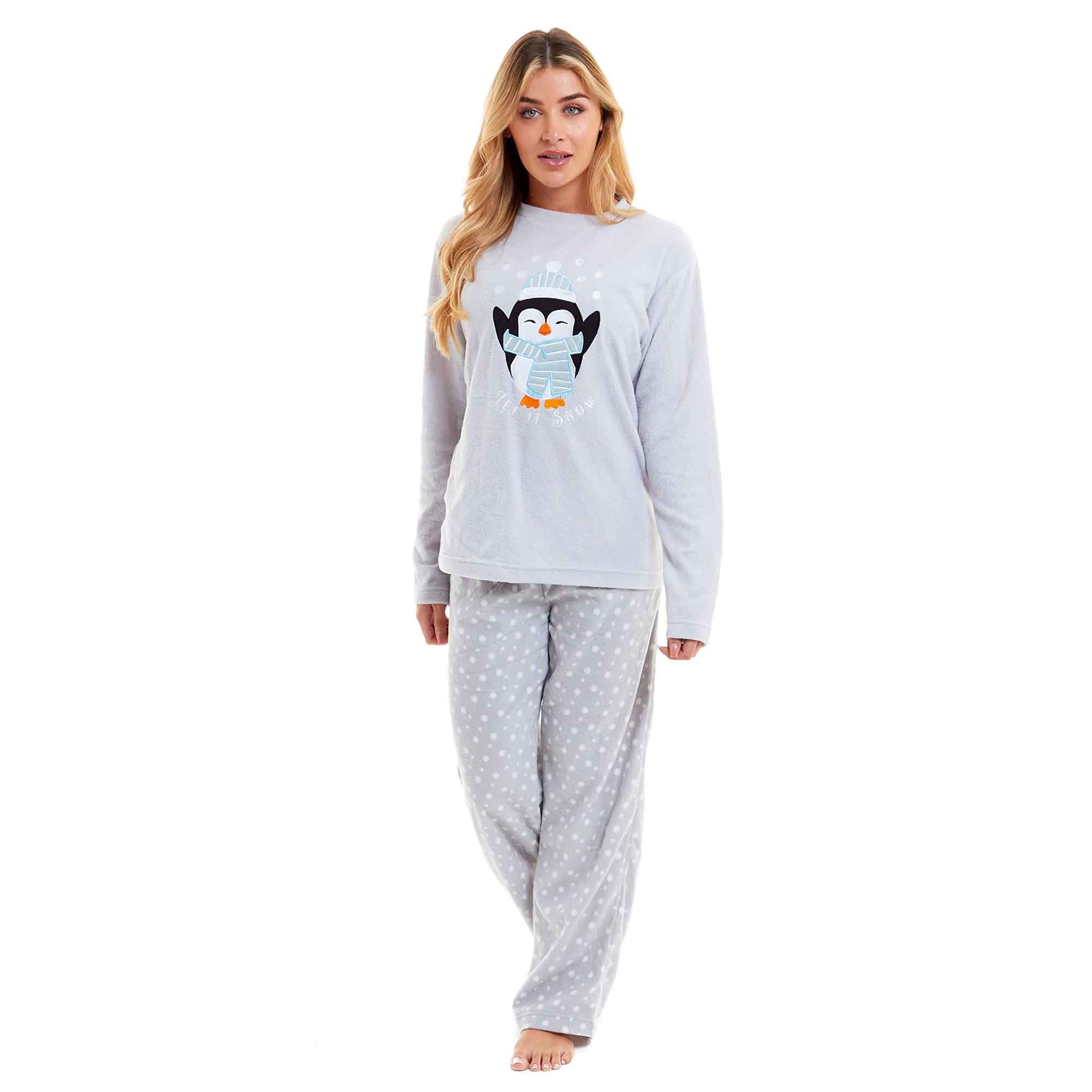 Warm Women's Polar Fleece Penguin Pyjama Set with Hood and Embroidery ...
