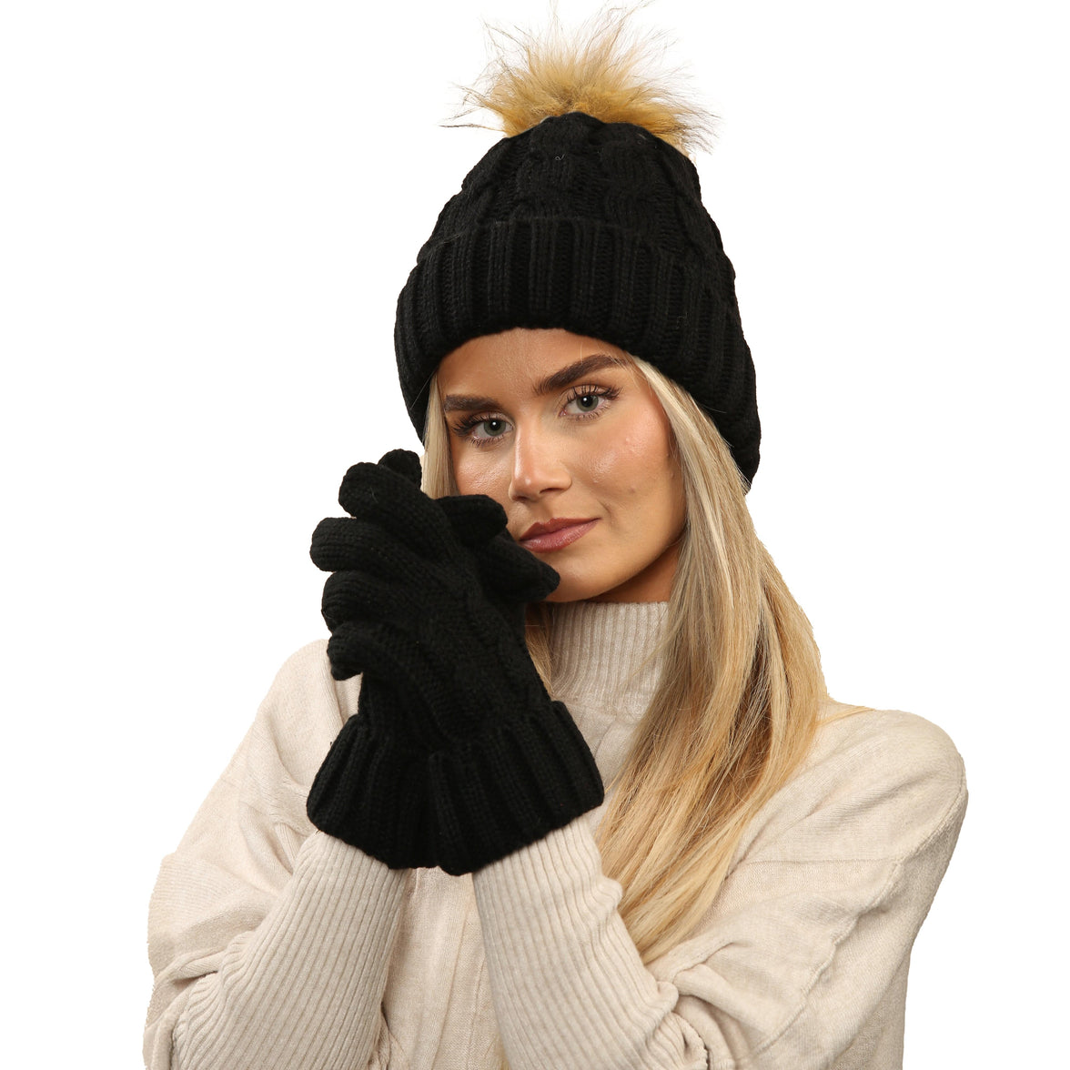 Women's Black Chunky Knit Winter Hat & Gloves Set Faux Fur Pom Pom Warm & Stylish Beanie for Ladies By Heatwave Thermalwear BLACK Hats
