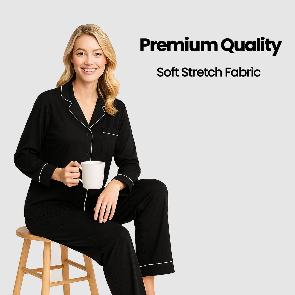 Women's Black Pyjama Set Soft Touch Long Sleeve Button-Up Top & Bottoms Two-Piece Nightwear by Daisy Dreamer Pyjamas